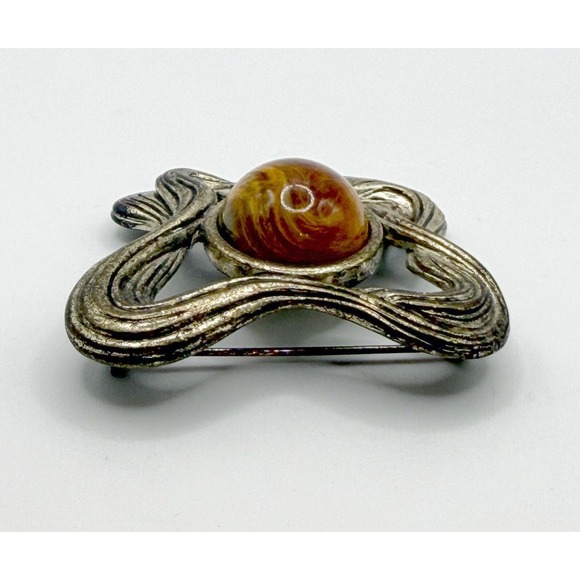 Vintage Tiger Eye Brooch Silver Tone Sculptural Pin 2 Inch - Picture 4 of 4